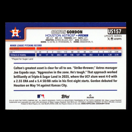 Colton Gordon RC 2025 Topps Update Rookie Astros