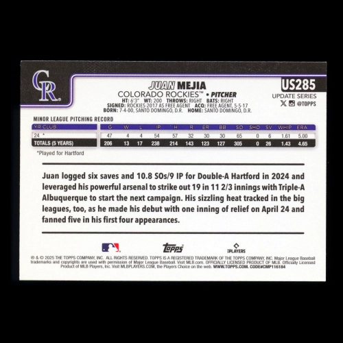 Juan Mejia RC 2025 Topps Update Rookie Rockies