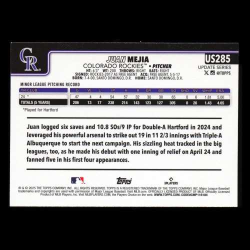 Juan Mejia RC 2025 Topps Update Rookie Rockies