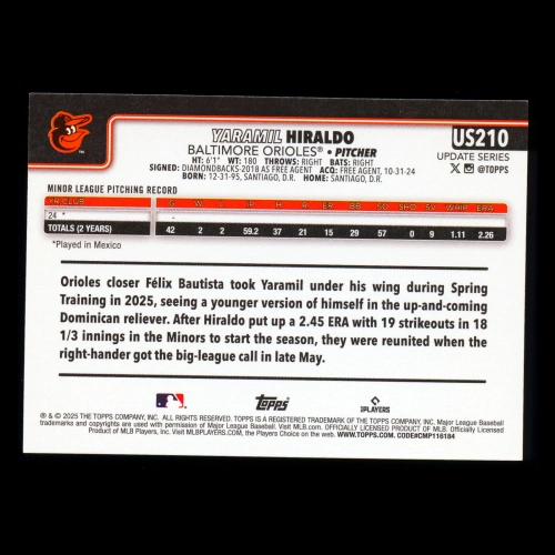 Yaramil Hiraldo RC 2025 Topps Update Rookie Orioles