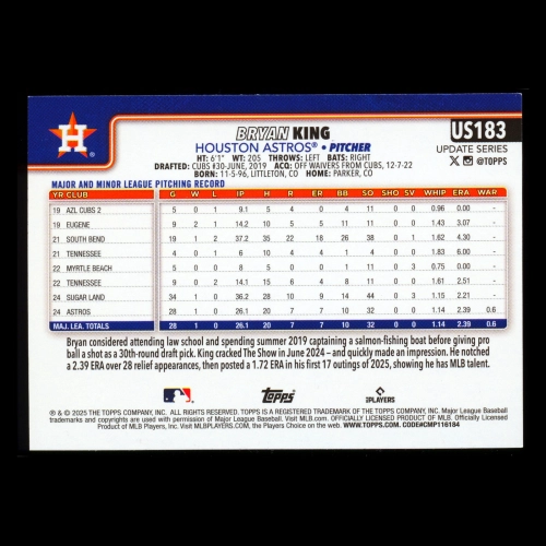 Bryan King RC 2025 Topps Update Rookie Astros