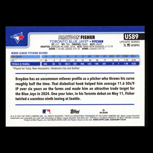 Braydon Fisher RC 2025 Topps Update Rookie Blue Jays
