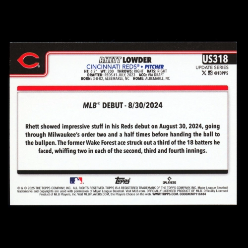 Rhett Lowder 2025 Topps Update Rookie Debut Reds
