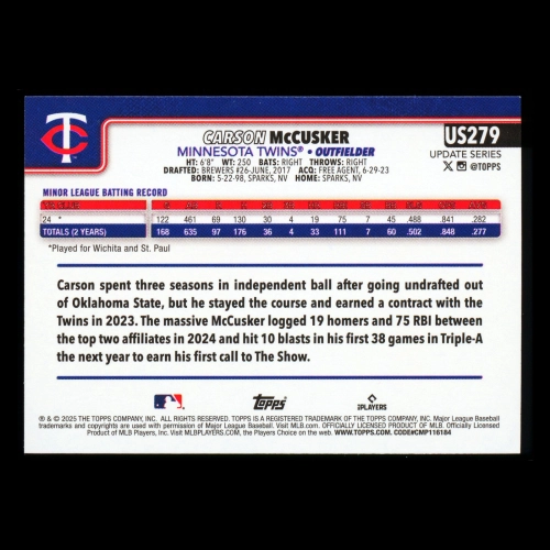 Carson McCusker RC 2025 Topps Update Rookie Twins