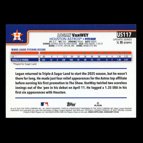 Logan VanWey RC 2025 Topps Update Rookie Astros