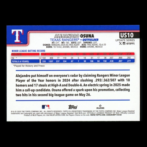 Alejandro Osuna RC 2025 Topps Update Rookie Rangers