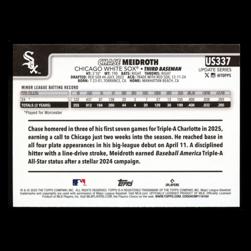 Chase Meidroth RC 2025 Topps Update Rookie White Sox