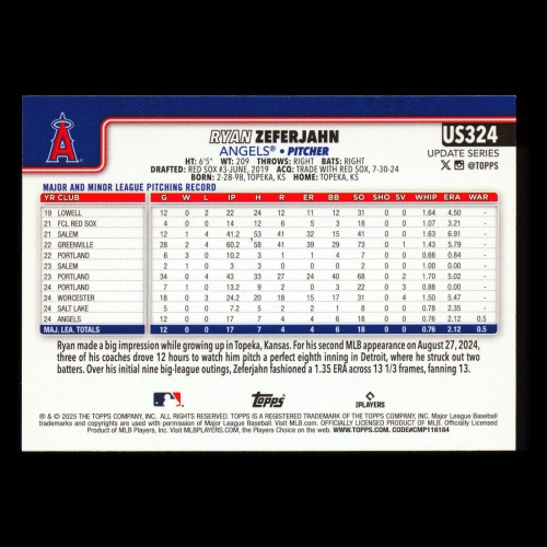 Ryan Zeferjahn RC 2025 Topps Update Rookie Angels