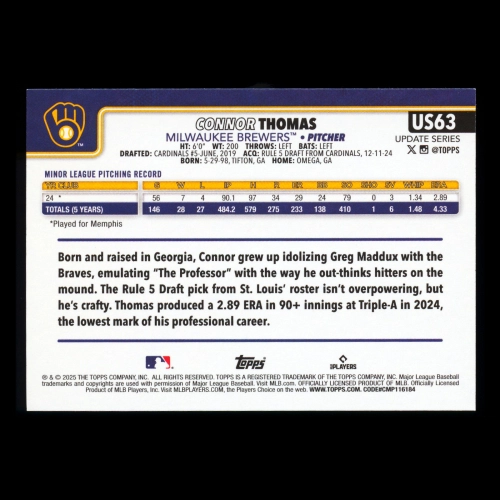 Connor Thomas RC 2025 Topps Update Rookie Brewers
