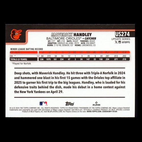 Maverick Handley RC 2025 Topps Update Rookie Orioles