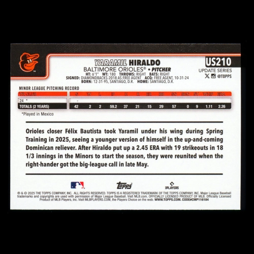 Yaramil Hiraldo RC 2025 Topps Update Rookie Orioles