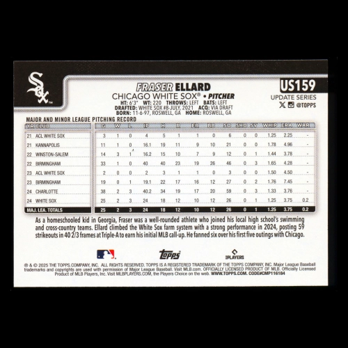 Fraser Ellard RC 2025 Topps Update Rookie White Sox