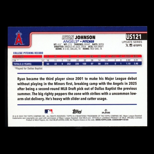 Ryan Johnson RC 2025 Topps Update Rookie Angels