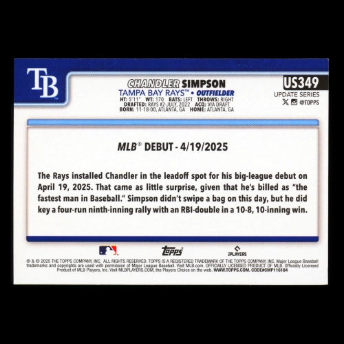 Chandler Simpson 2025 Topps Update Rookie Debut Rays