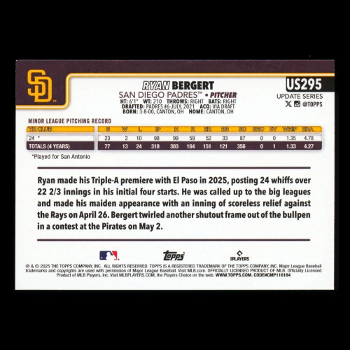 Ryan Bergert RC 2025 Topps Update Rookie Padres