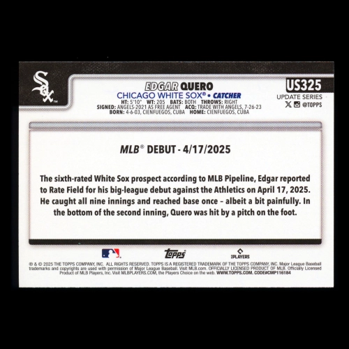 Edgar Quero 2025 Topps Update Rookie Debut White Sox