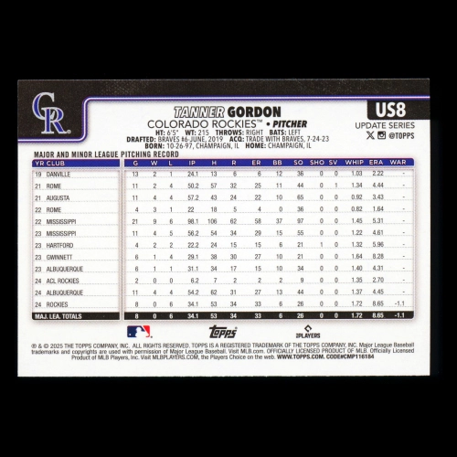 Tanner Gordon RC 2025 Topps Update Rookie Rockies