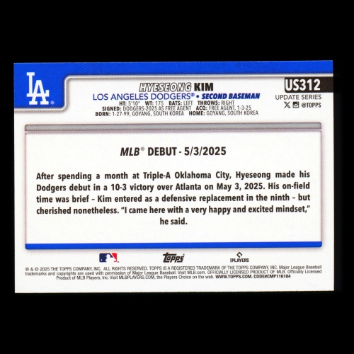 Hyeseong Kim 2025 Topps Update Rookie Debut Dodgers