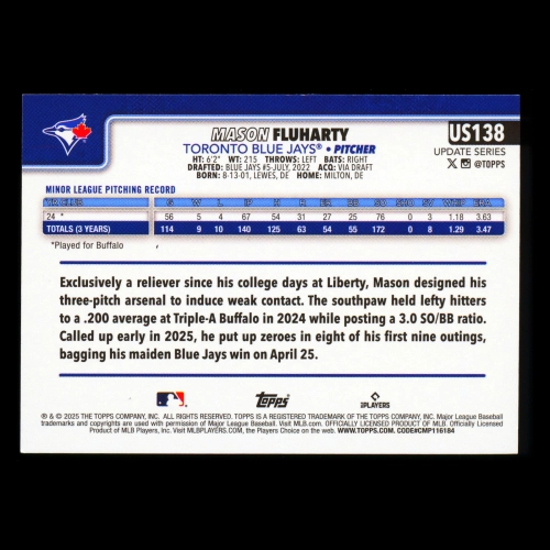 Mason Fluharty RC 2025 Topps Update Rookie Blue Jays
