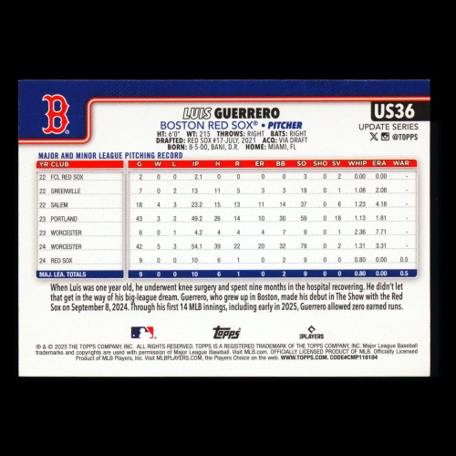 Luis Guerrero RC 2025 Topps Update Rookie Red Sox