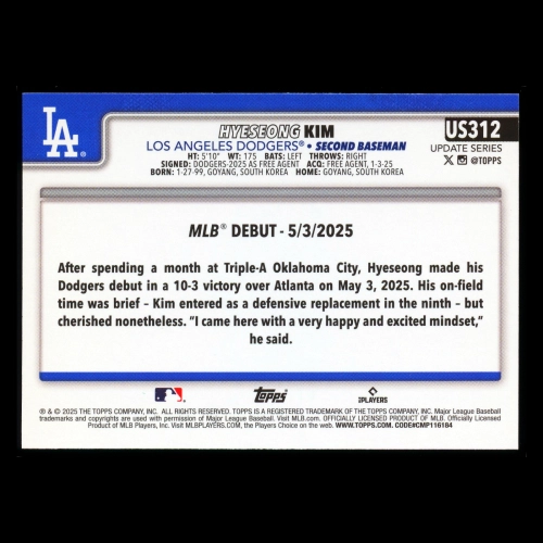 Hyeseong Kim 2025 Topps Update Rookie Debut Dodgers