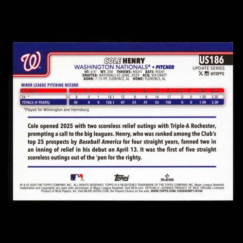 Cole Henry RC 2025 Topps Update Rookie Nationals