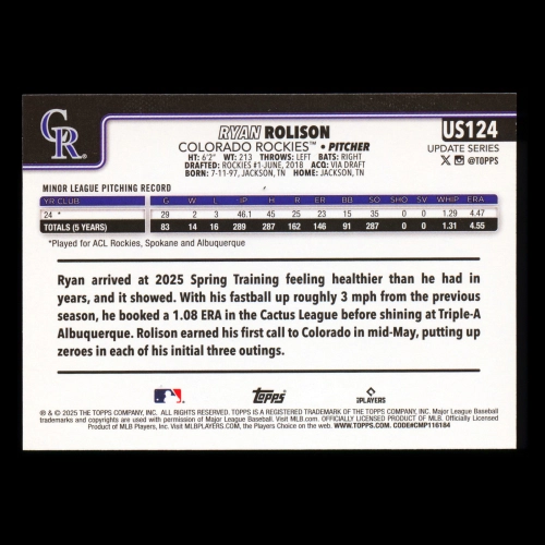 Ryan Rolison RC 2025 Topps Update Rookie Rockies