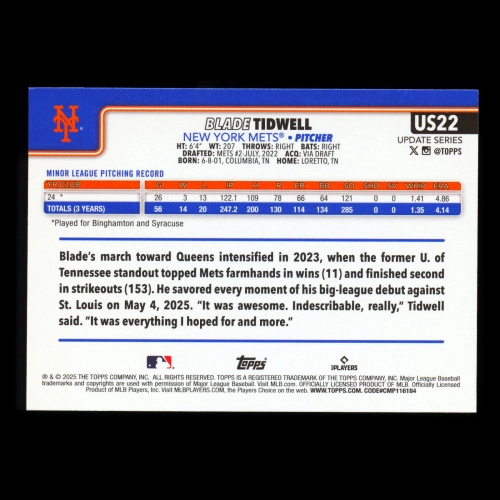 Blade Tidwell RC 2025 Topps Update Rookie Mets