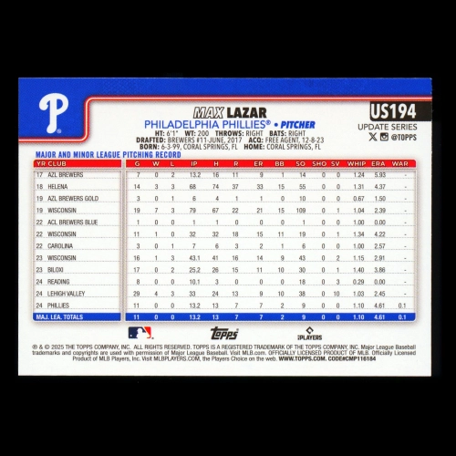 Max Lazar RC 2025 Topps Update Rookie Phillies