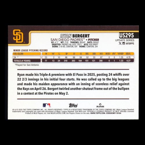 Ryan Bergert RC 2025 Topps Update Rookie Padres