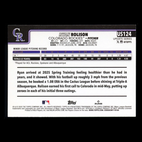 Ryan Rolison RC 2025 Topps Update Rookie Rockies
