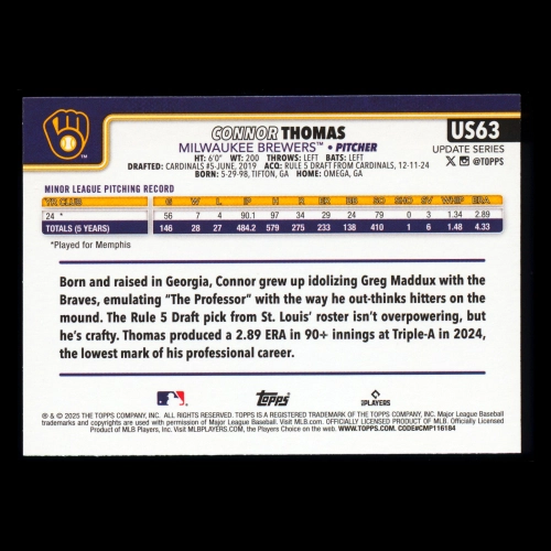 Connor Thomas RC 2025 Topps Update Rookie Brewers