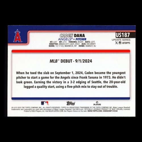 Caden Dana 2025 Topps Update Rookie Debut Angels