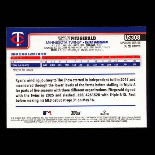 Ryan Fitzgerald RC 2025 Topps Update Rookie Twins