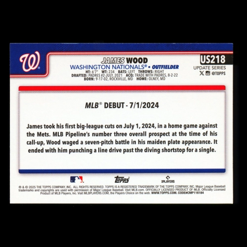 James Wood 2025 Topps Update Rookie Debut Nationals