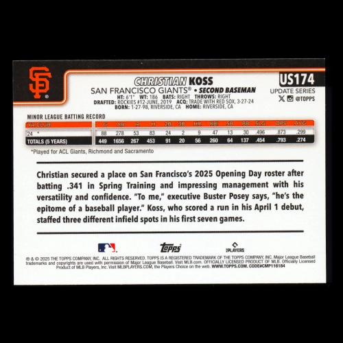 Christian Koss RC 2025 Topps Update Rookie Giants