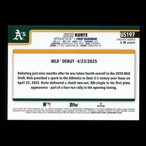 Nick Kurtz 2025 Topps Update Rookie Debut Athletics