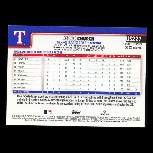 Marc Church RC 2025 Topps Update Rookie Rangers