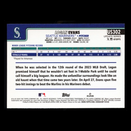 Logan Evans RC 2025 Topps Update Rookie Mariners
