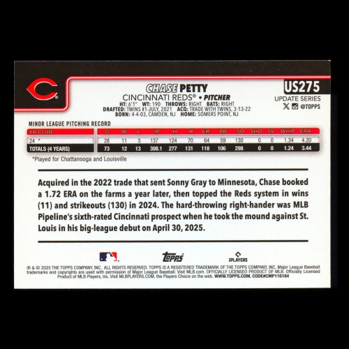 Chase Petty RC 2025 Topps Update Rookie Reds
