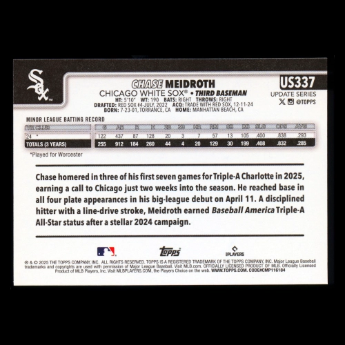Chase Meidroth RC 2025 Topps Update Rookie White Sox