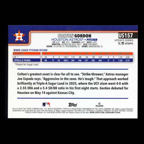 Colton Gordon RC 2025 Topps Update Rookie Astros