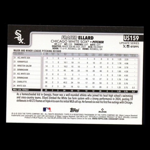 Fraser Ellard RC 2025 Topps Update Rookie White Sox