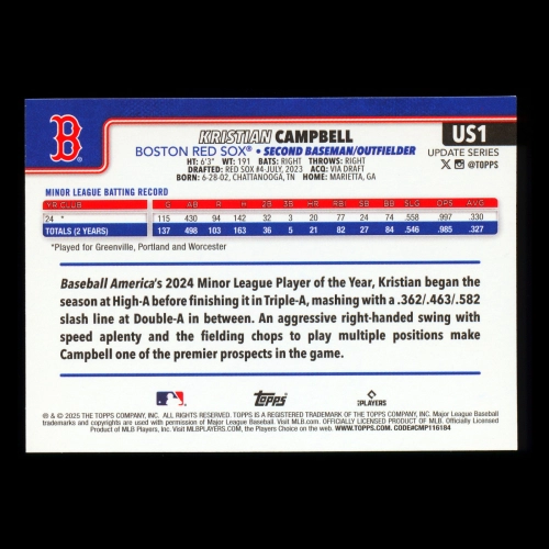 Kristian Campbell RC 2025 Topps Update Rookie Red Sox