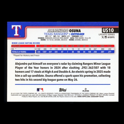 Alejandro Osuna RC 2025 Topps Update Rookie Rangers