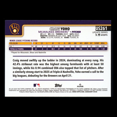 Craig Yoho RC 2025 Topps Update Rookie Brewers