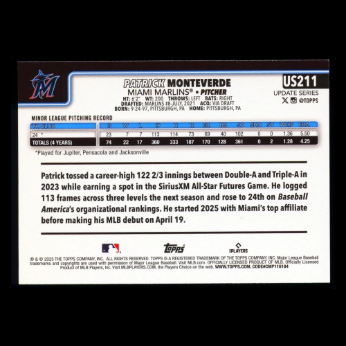 Patrick Monteverde RC 2025 Topps Update Rookie Marlins