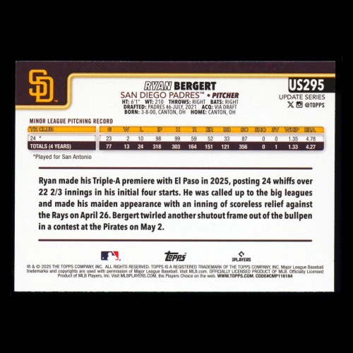 Ryan Bergert RC 2025 Topps Update Rookie Padres