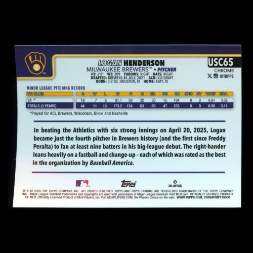 Logan Henderson RC 2025 Topps Chrome Update Sepia Refractors Rookie Brewers