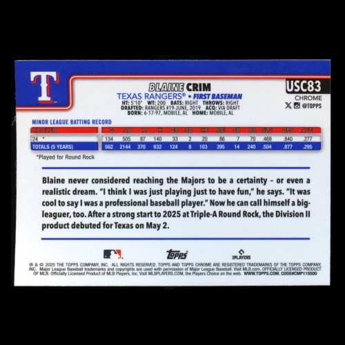 Blaine Crim RC 2025 Topps Chrome Update Rookie Rangers